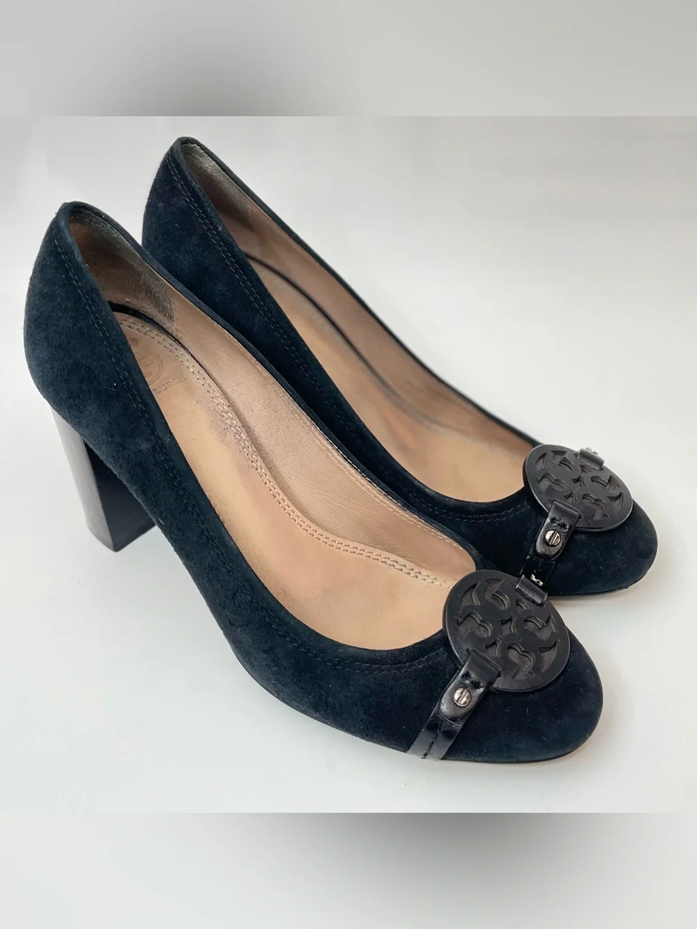 Tory Burch Mini Miller Black Suede Block-Heel Pumps with Medallion Accent